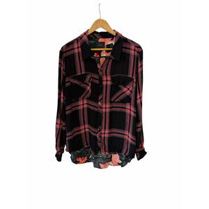 Guess Los Angeles Plaid Floral Blouse Womens XL Black Pink Button Down